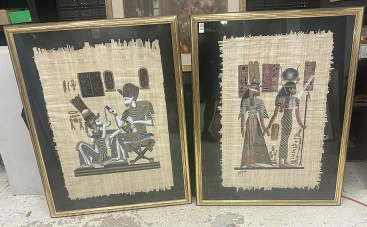 (2) framed large Egyptian handpainted Papurus figures, in fine condition, in nice matching gilt: (2) framed large Egyptian handpainted Papurus figures, in fine condition, in nice matching gilt frames, they measure 37" x 24", the frames measure 46" x 36", both signed by different Artists…..From