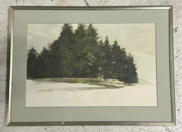 William Thomson ( 1931-2014 ) large w/c Winter landscape with snow falling, signed lower right. In (1 of 3)