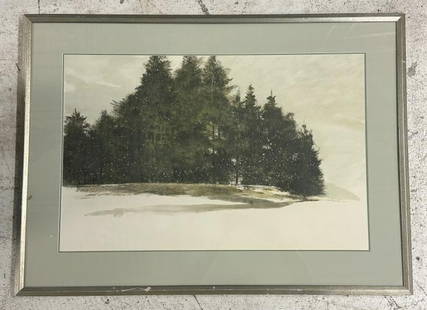 William Thomson ( 1931-2014 ) large w/c Winter landscape with snow falling, signed lower right. In: William Thomson ( 1931-2014 ) large w/c Winter landscape with snow falling, signed lower right. In contemporary silver frame with light green matting, painting measures 20" x 28", the frame measures 2