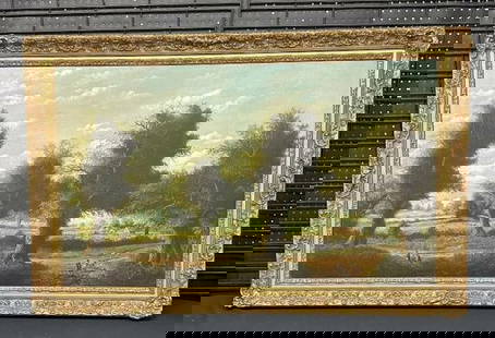 Wonderful large 19th c o/c landscape signed illegibly and dated 1877, looks like BROOKS ?), older: Wonderful large 19th c o/c landscape signed illegibly and dated 1877, looks like BROOKS ?), older relining, in nice frame, painting measures 30" x 50", the frame measures 37" x 56.5". From the Hudson,