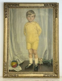 James Penniston Barraclough (1891 - 1942), wonderful o/c portrait of young boy with his toys, full