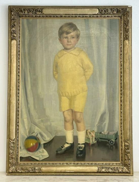 James Penniston Barraclough (1891 - 1942), wonderful o/c portrait of young boy with his toys, full (1 of 5)