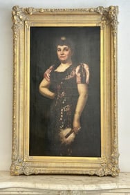 Ralph Elmer Clarkson (1861 - 1942) large o/c portrait of woman holding a fan, in fancy frame. In