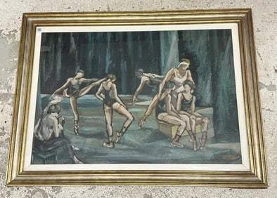 Wonderful large gouache on board of Dancers, dated 1973, signed illegibly on front and back as