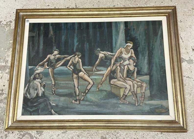 Wonderful large gouache on board of Dancers, dated 1973, signed illegibly on front and back as (1 of 6)