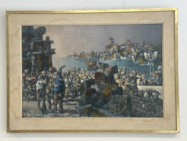 Mid Century Cyril Fradan (1928 - 1997) impressionist o/b cityscape with people in foreground, dated