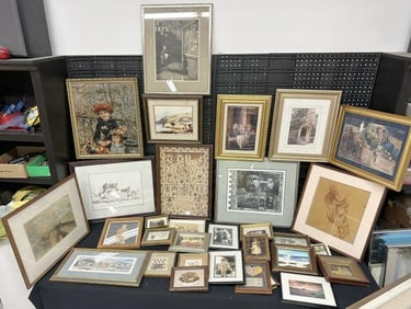 Misc. framed artwork lot of smaller size prints, photographs, etc. Good lot for a dealer to sort