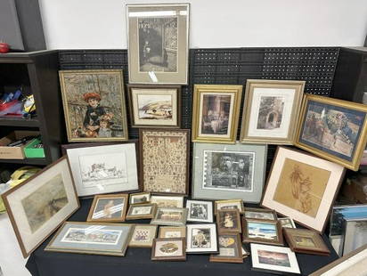 Misc. framed artwork lot of smaller size prints, photographs, etc. Good lot for a dealer to sort: Misc. framed artwork lot of smaller size prints, photographs, etc. Good lot for a dealer to sort out, included is signed Willima Thonson print, needlepoint, etc...From a fine Dutchess County, N.Y. est
