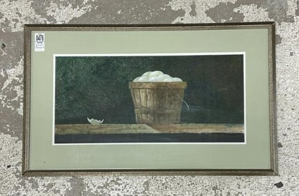 William Thomson ( 1931-2014 ) watercolor still life with eggs in a basket, nicely framed and matted,