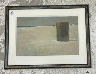 William Thomson ( 1931- 2014 ), watercolor titled ( EARLY MORNING ), with can on beach, signed lower