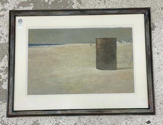 William Thomson ( 1931- 2014 ), watercolor titled ( EARLY MORNING ), with can on beach, signed lower (1 of 3)