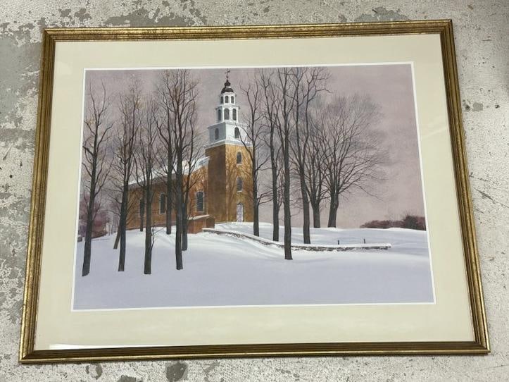 George Englert (20th century) large watercolor Winter landscape with Church, most likely a Hudson (1 of 3)