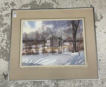 George Englert (20th century) watercolor titled ( HOUSE ACROSS THE ROAD ), in silver metal frame,
