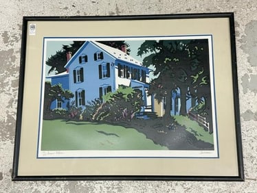 Jon Carsman (1944 - 1987) signed woodcut landscape with house titled ( SUMMER SOLACE ), Numbered 174