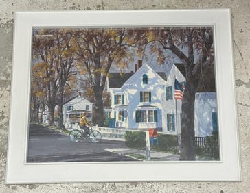 George Englert ( 20th c ), fine watercolor Fall townscape with houses, tree lined street and girl on