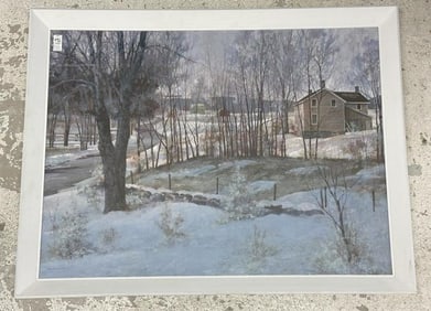 George Englert ( 20th c ) large watercolor landscape titled ( BARRETT'S ), a farmhouse in Dutchess