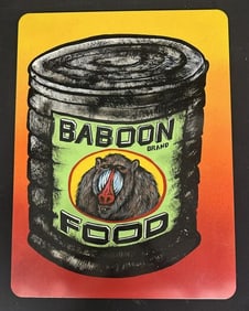 Outsider Art - Folk Art painted enamel sign for BABOON FOOD, signed Houston on back and dated 2003,