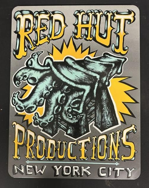 Outsider Art - Folk Art hand painted enamel sign for ( RD HUT PRODUCTIONS NEW YORK CITY ), signed on (1 of 2)