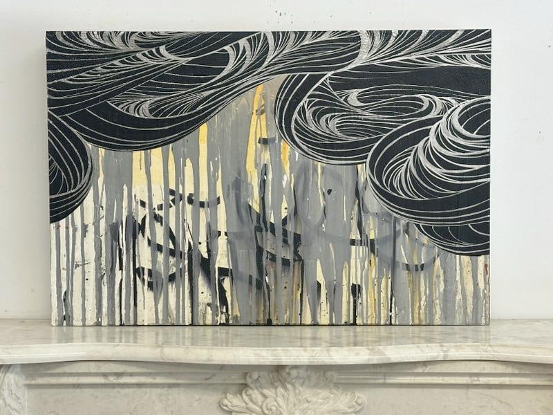 David Ellis (Born 1971) abstract mixed media on wood panel titled ( FLOW A ), dated 2012 on back, (1 of 3)