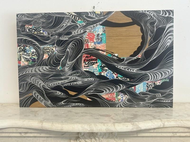 David Ellis ( Born 1971 ) abstract mixed media collage on wood panel, signed on back as pictured, (1 of 3)