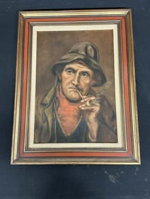 Circa 1930's o/c Man smoking a pipe in floppy hat, unsigned, from Kingston, N.Y. estate, in more