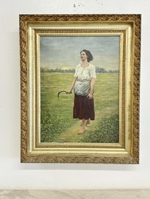 Circa 1920 o/c Woman walking with a garden sickle, unsigned, nice condition, from Hudson Valley