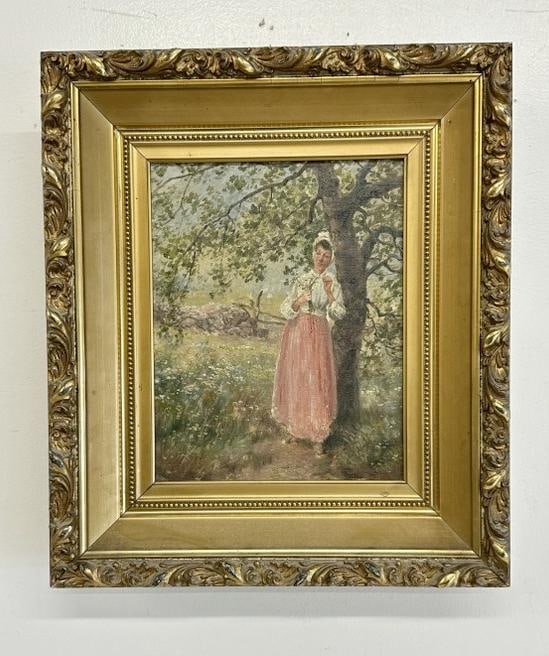 Circa 1910 o/c Woman in bonnet leaning against tree with flowers landscape, unsigned, in frame of (1 of 3)