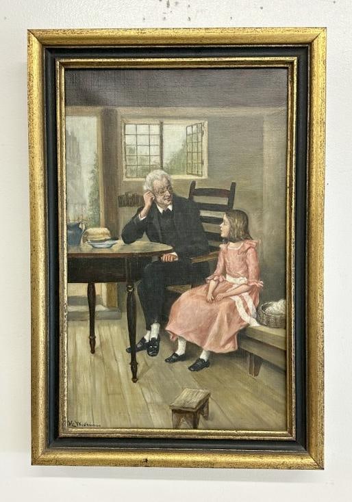 H. Westheimer circa 1920's o/c older gentleman and young girl seated at table, signed lower left, in (1 of 3)