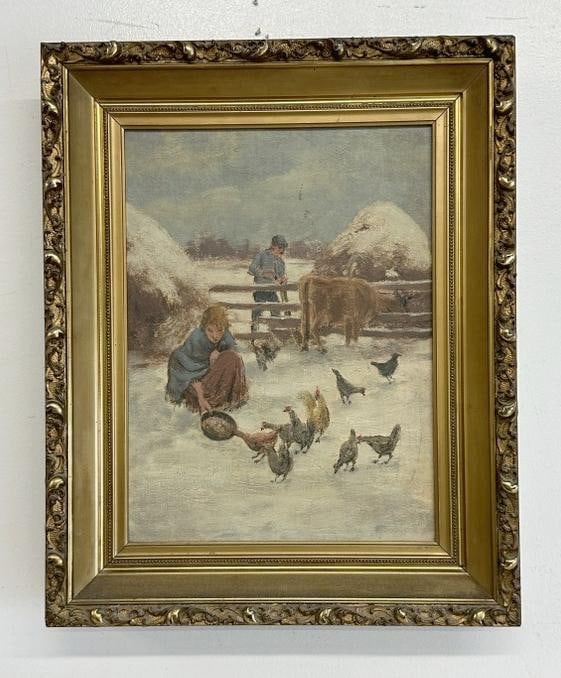 Circa 1920's o/c Winter landscape with Farmer & Wife feeding the chickens in yard, unsigned, in fine: Circa 1920's o/c Winter landscape with Farmer & Wife feeding the chickens in yard, unsigned, in fine condition, from Hudson Valley estate, painting measures 14" x 11", the frame measures 19" x 15".