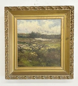 Wonderful 19th c impressionist o/c landscape with sheep grazing, well executed, untouched Hudson