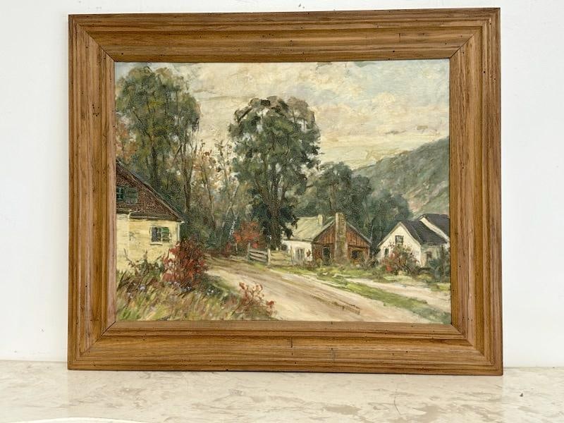 Circa 1950's impressionist o/c landscape with farmhouses, unsigned, from Hudson Valley estate, nice (1 of 3)
