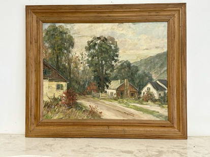 Circa 1950's impressionist o/c landscape with farmhouses, unsigned, from Hudson Valley estate, nice: Circa 1950's impressionist o/c landscape with farmhouses, unsigned, from Hudson Valley estate, nice condition. Painting measures 21" x 26", the frame measures 28" x 33.5".