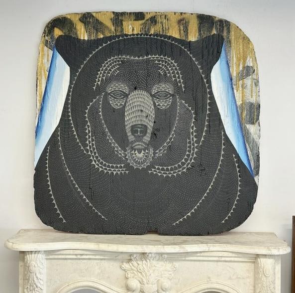 David Ellis (Born 1971) painting of Bear on ( ROAD WORK AHEAD sign ) titled ( BEAR 1, 2013 ). (1 of 3)