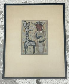 A. Voelkel impressionist gouache with Woman holding a bird standing next to fantasy deer, signed
