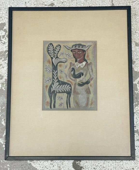 A. Voelkel impressionist gouache with Woman holding a bird standing next to fantasy deer, signed: A. Voelkel impressionist gouache with Woman holding a bird standing next to fantasy deer, signed lower right, circa 1940's or so….in nice condition, from Woodstock, N.Y. estate. Painting measures 9.