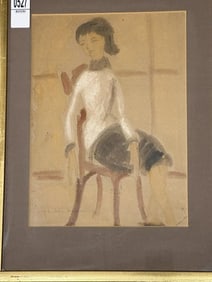 Mid Century watercolor of young Woman seated in chair, signed as pictured ( I can't make out full