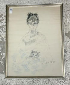 Wonderful pencil drawing of young Woman and cat, signed illegibly, with inscription, dated 1957 (