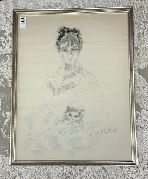 Wonderful pencil drawing of young Woman and cat, signed illegibly, with inscription, dated 1957 ( (1 of 4)