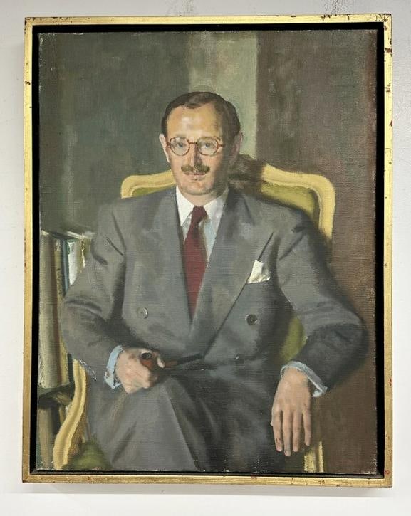 Alfred Reginald Thomson (1894-1979) o/c portrait of a Gentlemanholding a pipe, ( a few small tears: Alfred Reginald Thomson (1894-1979) o/c portrait of a Gentlemanholding a pipe, ( a few small tears in canvas ), signed lower right, in frame of the period. From Hudson Valley estate. Painting measures