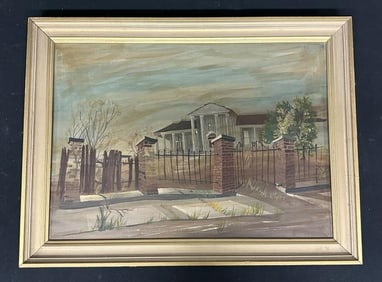 Circa 1940's o/b landscape with large house with pillars behind fence, unsigned, from Hudson Valley