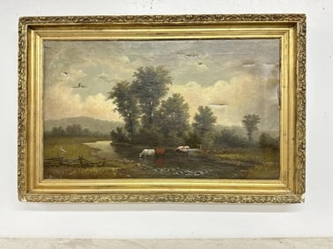 19th c o/c landscape with cows drinking from stream, mountains in background. Unsigned, has rips and