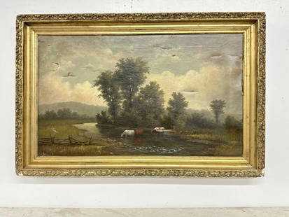 19th c o/c landscape with cows drinking from stream, mountains in background. Unsigned, has rips and: 19th c o/c landscape with cows drinking from stream, mountains in background. Unsigned, has rips and ears throughout the painting, in frame of the period. From Hudson Valley estate. Painting measures