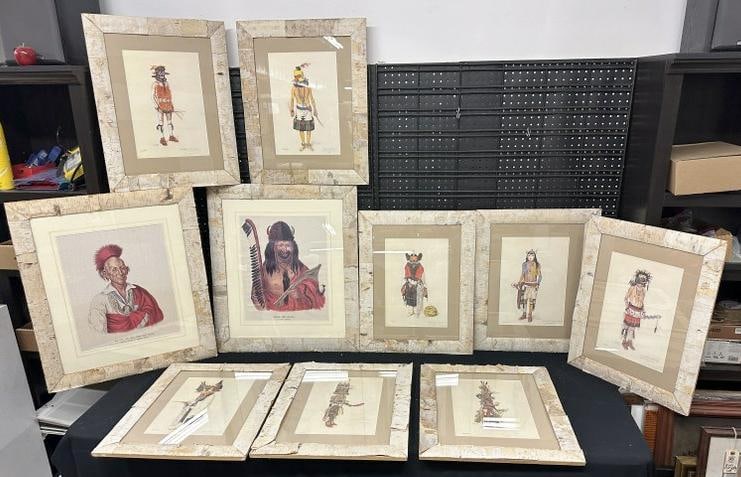 (10) framed reproduction Native American prints in birch bark frames, includes large pair and (8) (1 of 7)