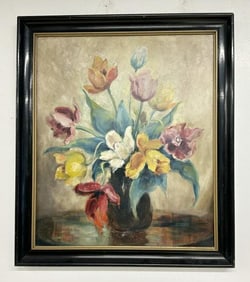 Circa 1950's o/b floral still life, signed ( CHARLOTTE E. BORGERD ), from Hudson Valley estate,