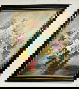 Circa 1950's o/b floral still life, signed ( CHARLOTTE E. BORGERD ), from Hudson Valley estate,: Circa 1950's o/b floral still life, signed ( CHARLOTTE E. BORGERD ), from Hudson Valley estate, painting measures 26" x 22", the frame measures 30" x 26". Nice estate condition.