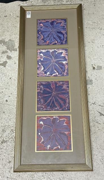 Ann LeVasseur framed Petunias reductive woodblock prints, water base on torinoko paper. From estate: Ann LeVasseur framed Petunias reductive woodblock prints, water base on torinoko paper. From estate in Hudson Valley…..information on back as pictured. The frame measures 40" x 16". Each woodblock m