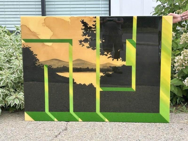 David Ellis (Born 1971) abstract Mixed Media landscape on wood frame, titled ( MY 2 GREEN, 2013 ), (1 of 3)