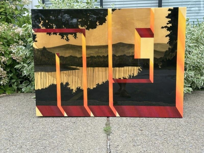 David Ellis (Born 1971) large Mixed Media landscape titled ( MY 1 ORANGE, 2013 ), on custom wood (1 of 4)