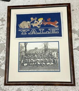 Framed vintage Yale Pennant & Lacrosse Photo. Professionally framed photo of the Yale Lacrosse team: Framed vintage Yale Pennant & Lacrosse Photo. Professionally framed photo of the Yale Lacrosse team with a printed felt pennant. Both are in good condition, with some wear to the pennant. Frame measur
