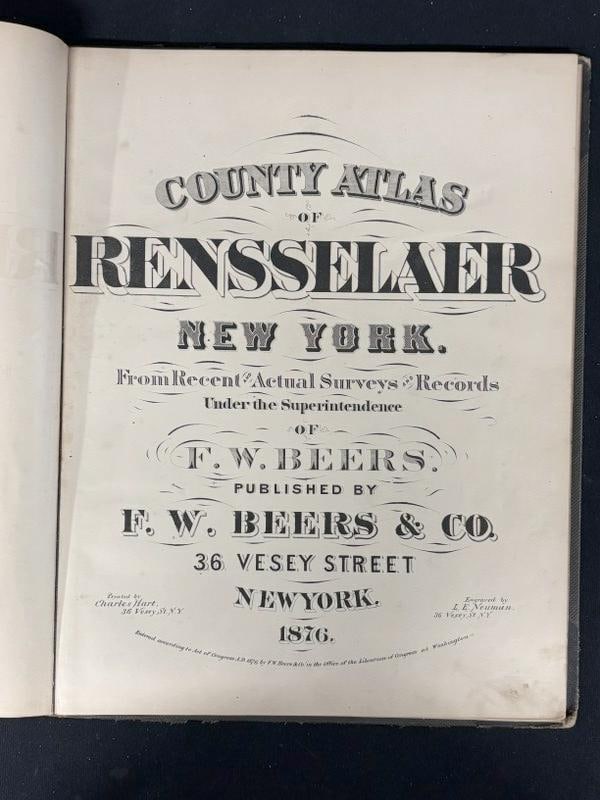1876 Atlas of Rensselar County, NY Troy. This atlas mesures 13 1/4 x16 and was printed by Charles: 1876 Atlas of Rensselar County, NY Troy. This atlas mesures 13 1/4 x16 and was printed by Charles Hart of New York in 1876. This is printed with up to four colors per page. It includes tipped-in folde